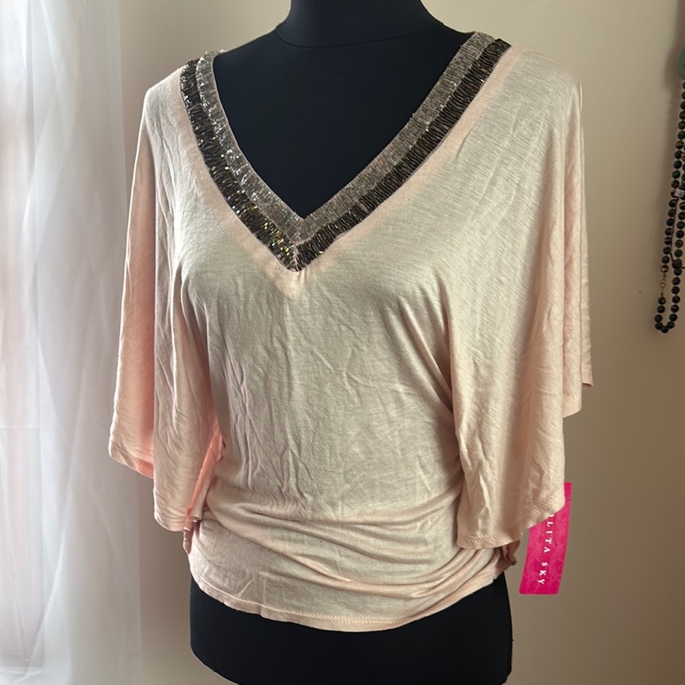 NWT  Pink V-Neck Top with Sequin Detail size M